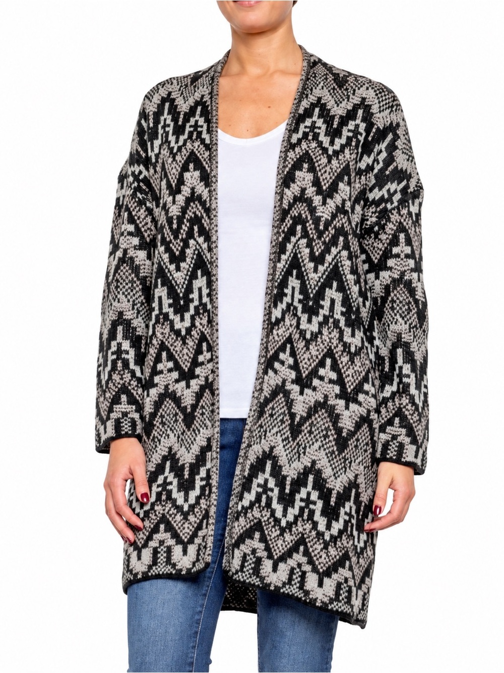 NWT Lucky Brand Black & Gray Zig Zag Open Front Cardigan – Medium